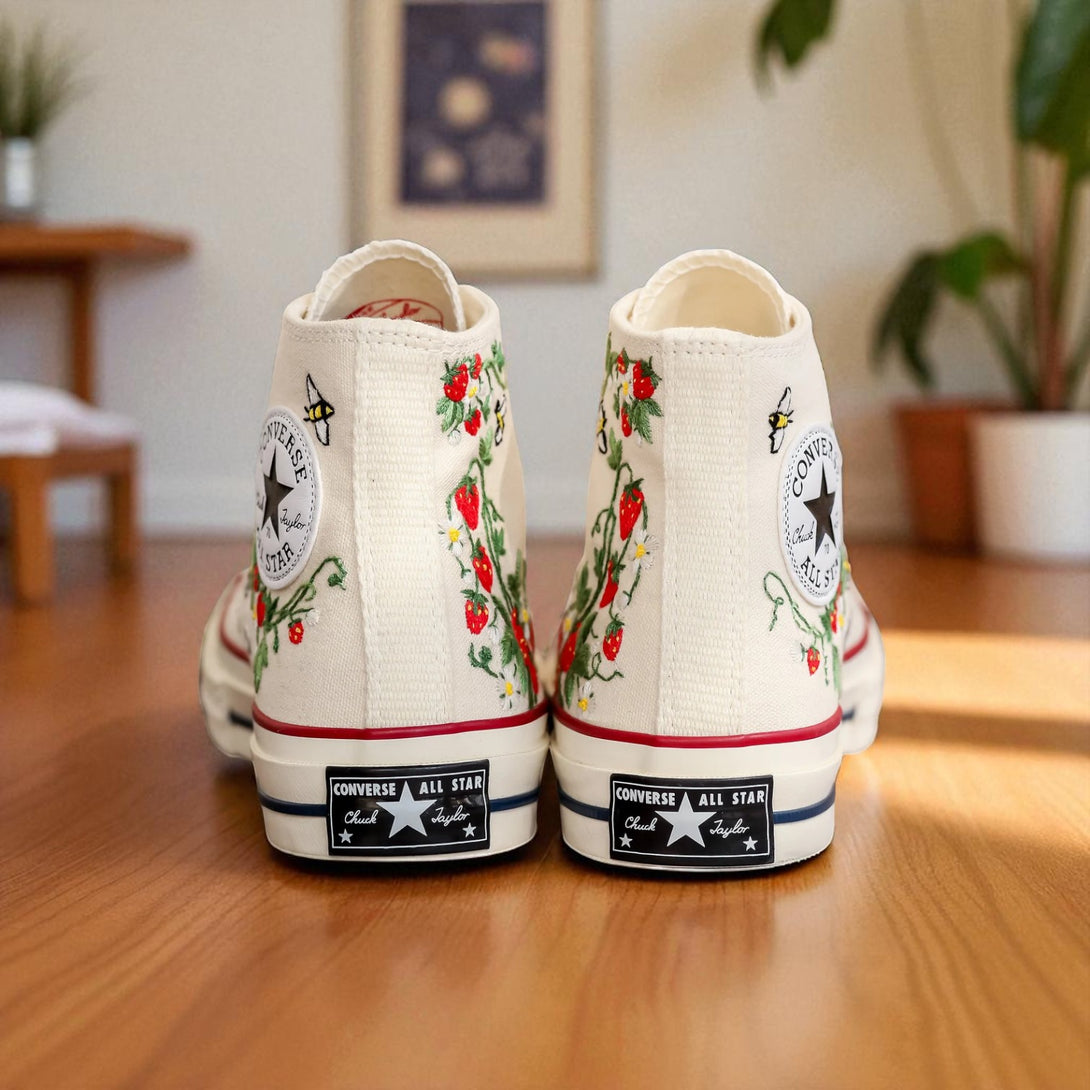 Strawberry Embroidered Converse high top canvas shoes with hand embroidered strawberry vines by Stitchery Zone