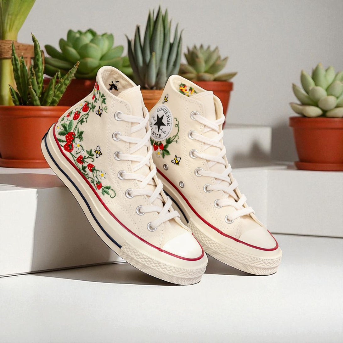 Stitchery Zone Strawberry Embroidered Converse high top cream canvas shoes with hand embroidered strawberry and floral design