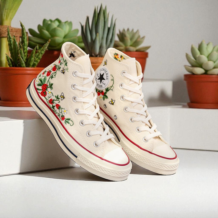 Stitchery Zone Strawberry Embroidered Converse high top cream canvas shoes with hand embroidered strawberry and floral design