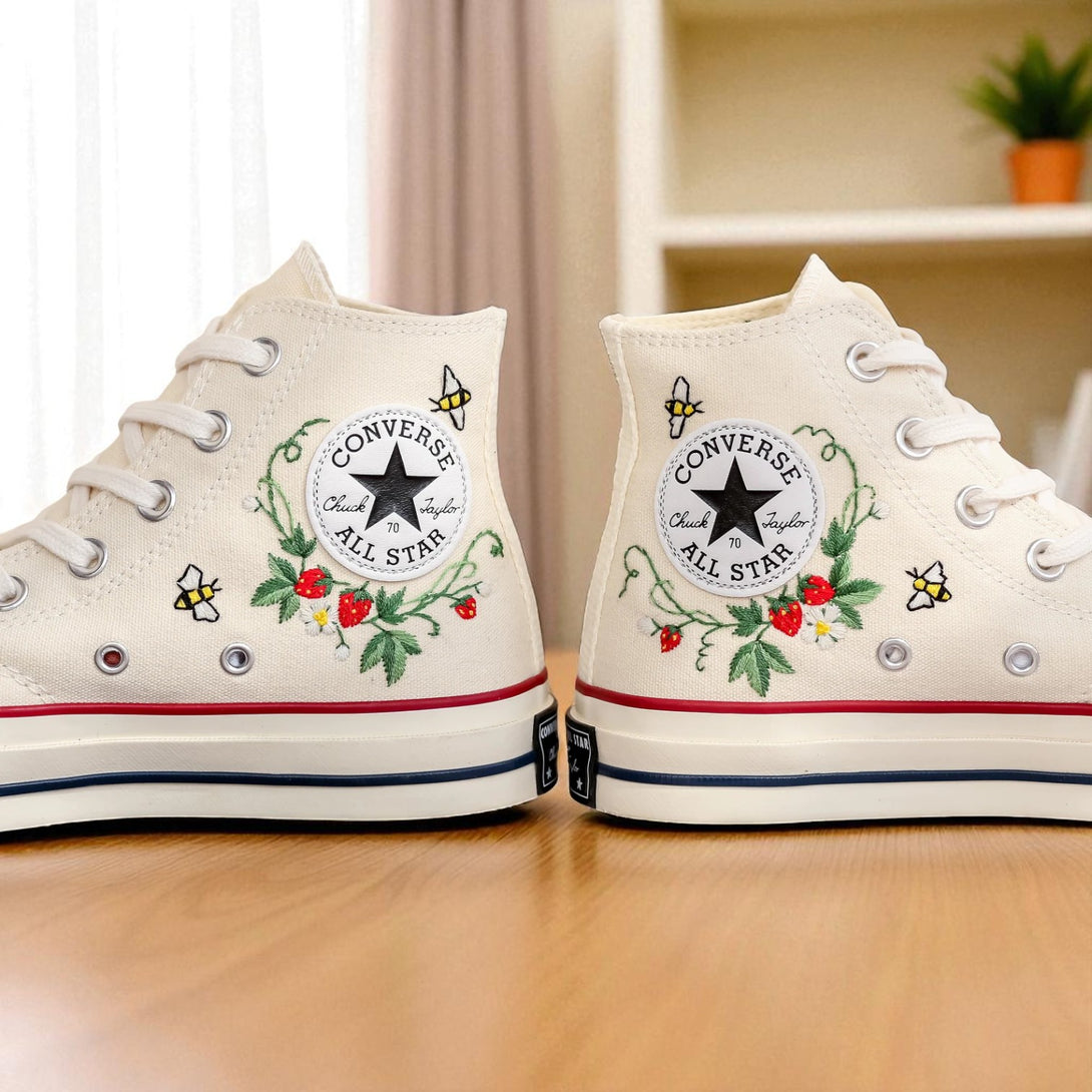Stitchery Zone Strawberry Embroidered Converse high top shoes with embroidered strawberries vines and bee accents