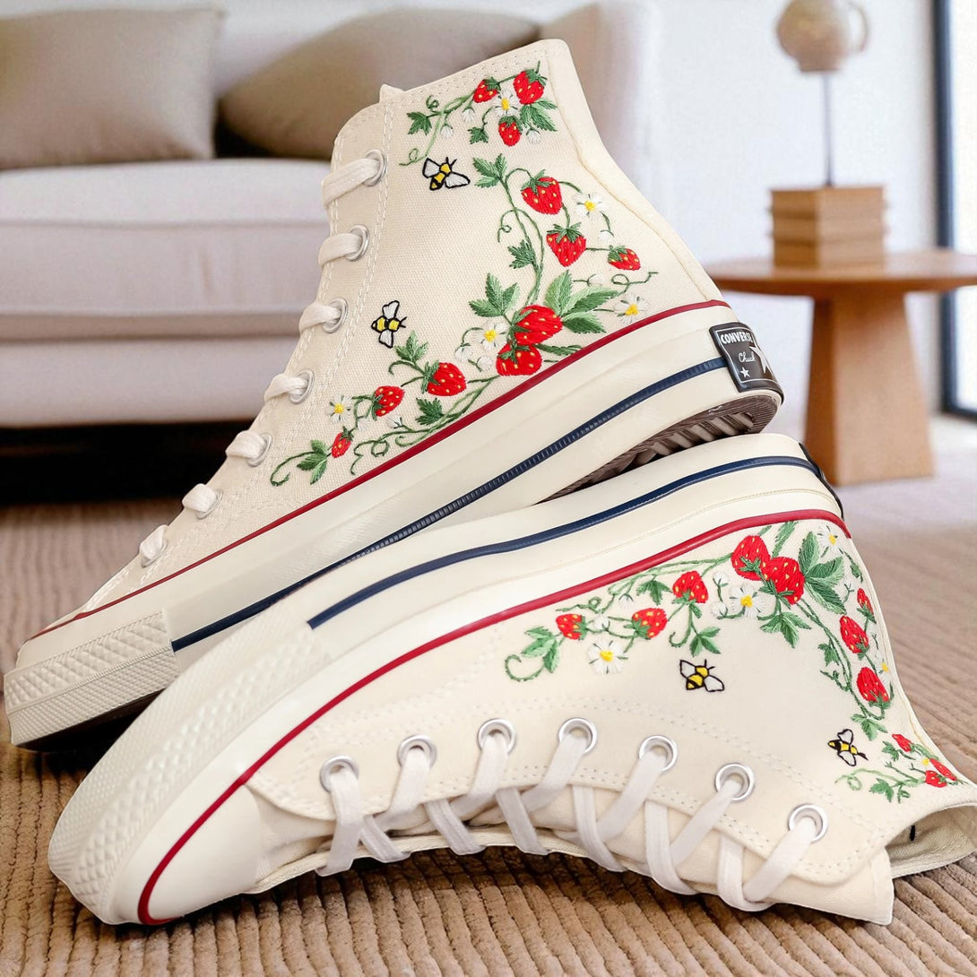 Stitchery Zone Strawberry Embroidered Converse high top canvas sneakers in cream with detailed strawberry and vine embroidery