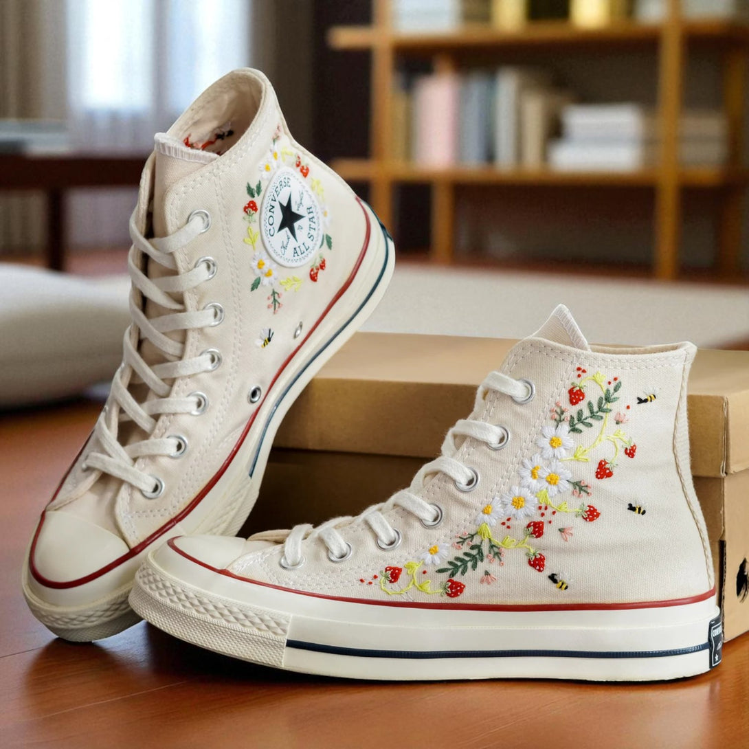 Converse Strawberry Shoes with Floral Embroidery and High-Top Design for Stylish Footwear