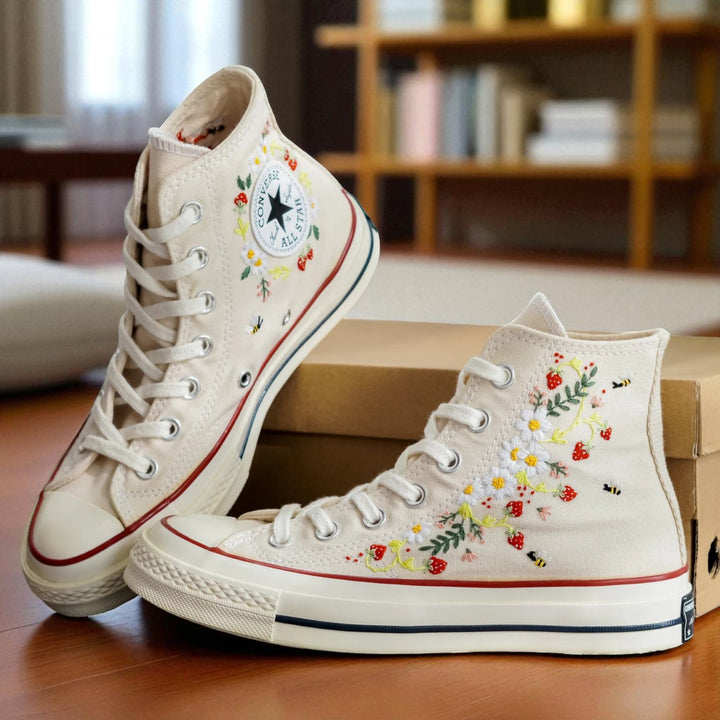 Converse Strawberry Shoes with Floral Embroidery and High-Top Design for Stylish Footwear