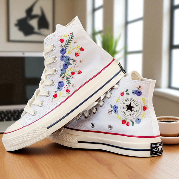 Converse Strawberry Shoes featuring colorful floral embroidery on a classic high-top design