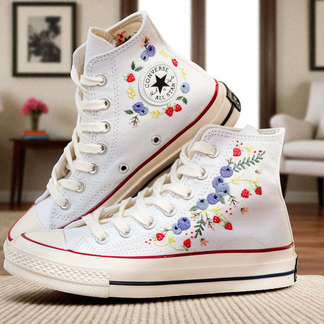 Converse Strawberry Shoes featuring colorful embroidered flowers on a classic white high-top design