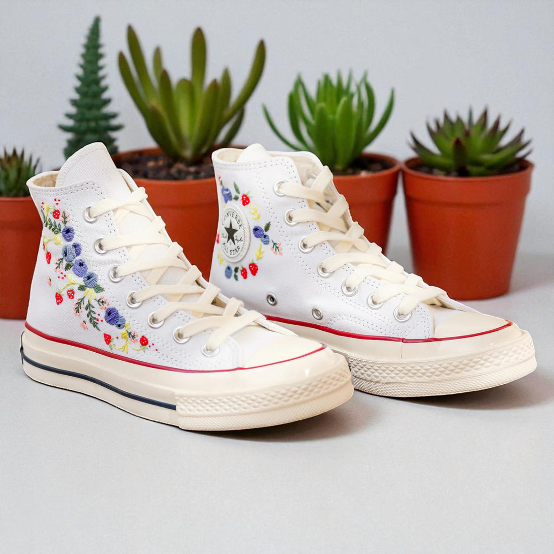 Converse Strawberry Shoes with colorful embroidered flowers on white canvas for stylish comfort