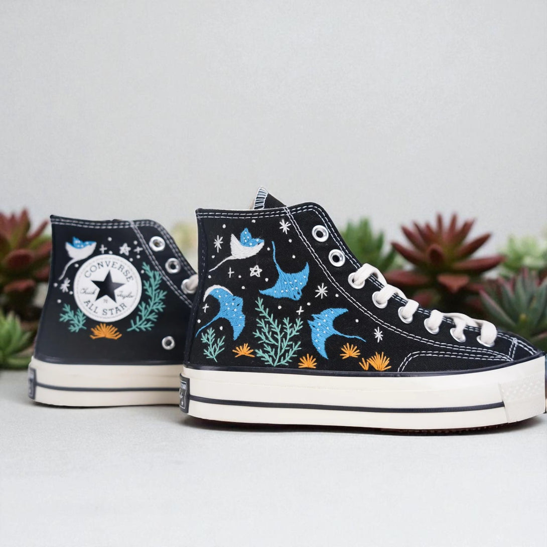 Stitchery Zone embroidered tennis shoes for wedding ocean design with blue sea creatures on black high-top sneakers
