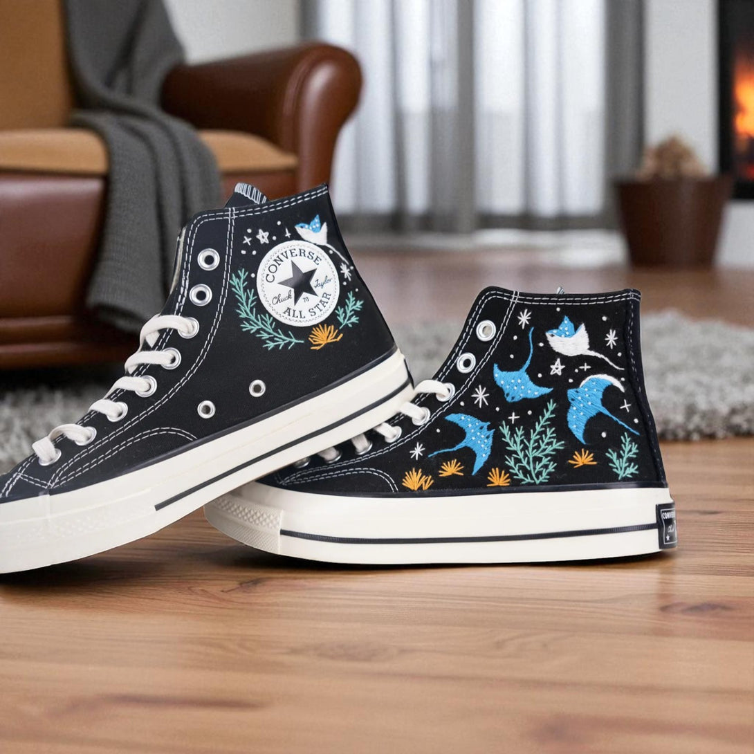 Stitchery Zone embroidered tennis shoes for wedding ocean design with birds and sea plants on black high-top canvas