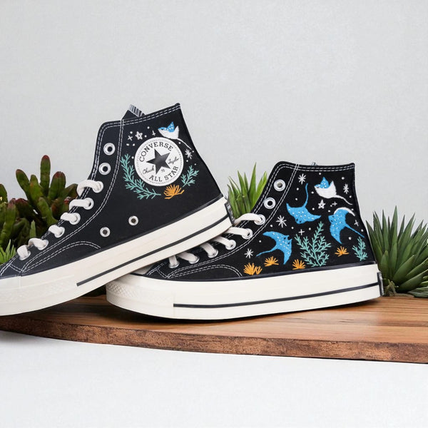 Stitchery Zone embroidered black tennis shoes for wedding ocean design with blue sea creatures and coral