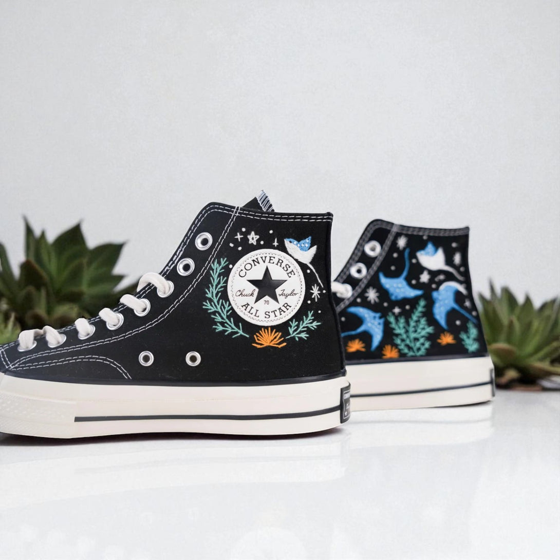 Black embroidered tennis shoes for wedding ocean design with sea creatures and plants by Stitchery Zone