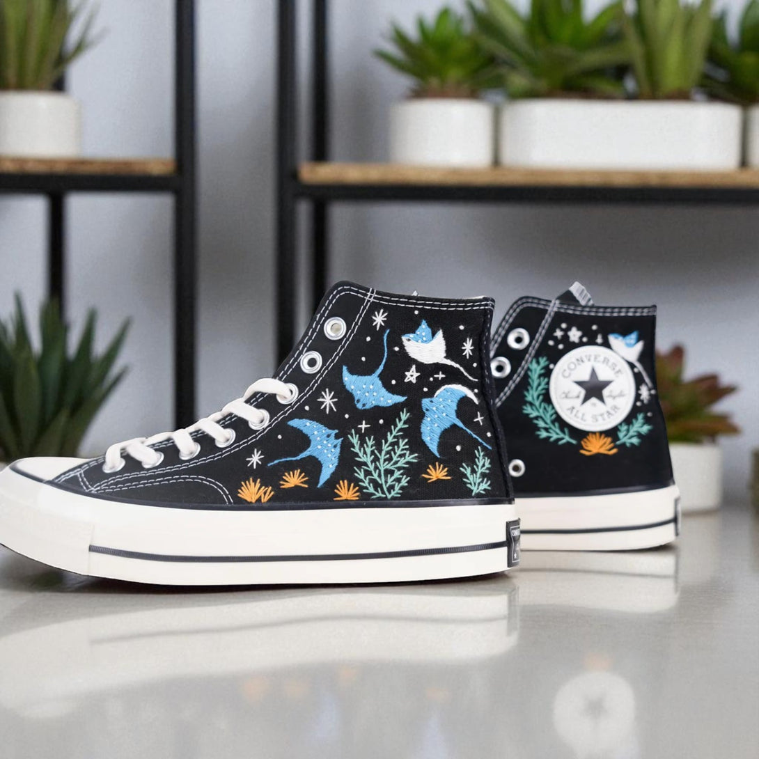 Stitchery Zone embroidered tennis shoes for wedding ocean design with blue sea creatures on black high-top canvas