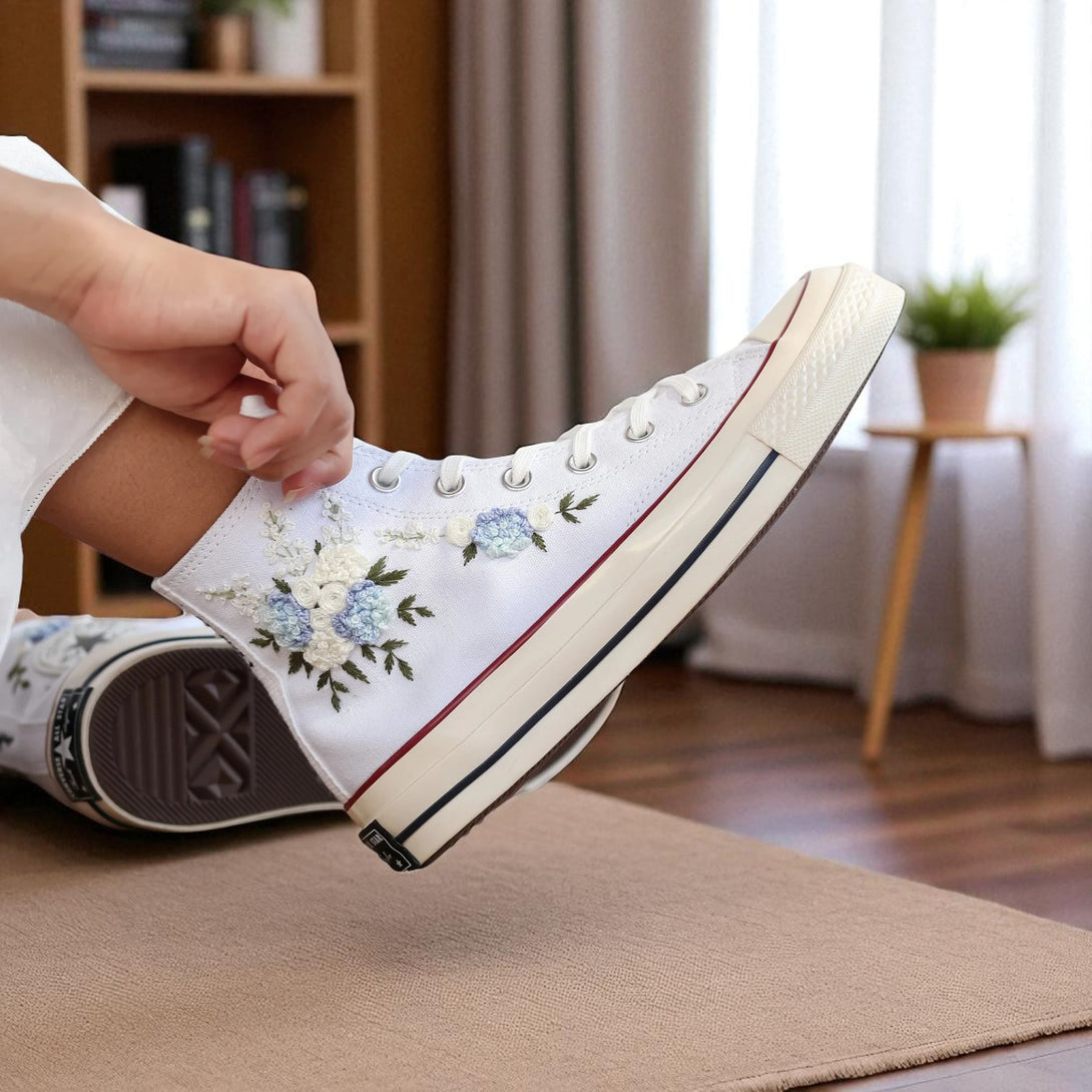 Stitchery Zone white canvas sneaker with blue floral embroidery Wedding Flowers Embroidered Shoes Bridal Flowers Embroidered Sneaker