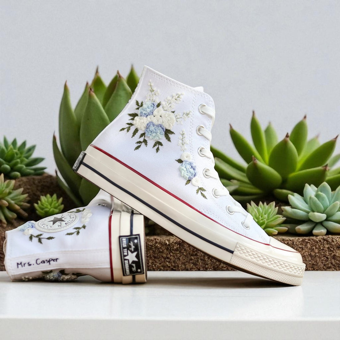 Stitchery Zone white high top sneakers with blue floral Wedding Flowers Embroidered Shoes Bridal Flowers Embroidered Sneaker