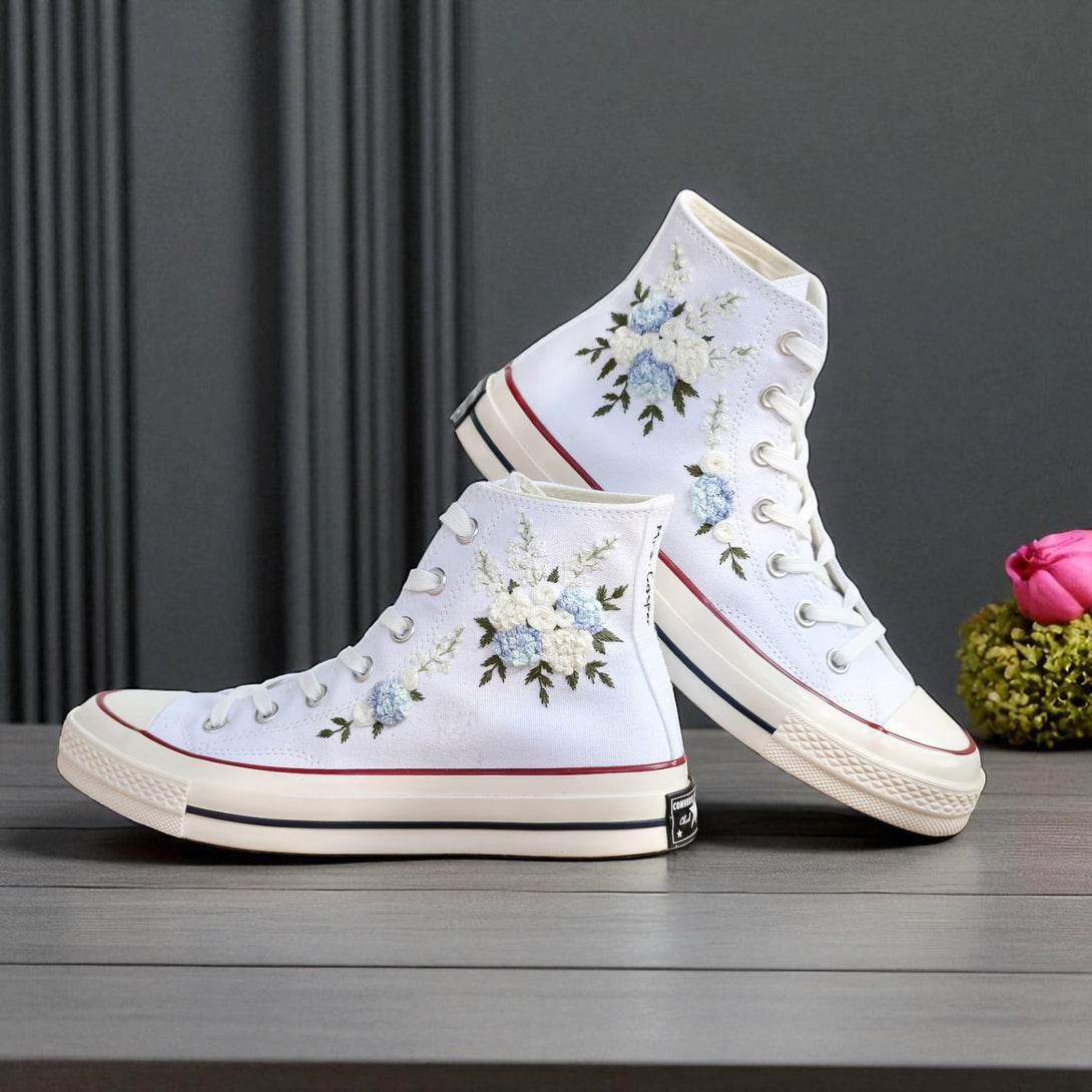 White canvas high top sneakers with blue floral embroidery Wedding Flowers Embroidered Shoes Bridal Flowers Embroidered Sneaker
