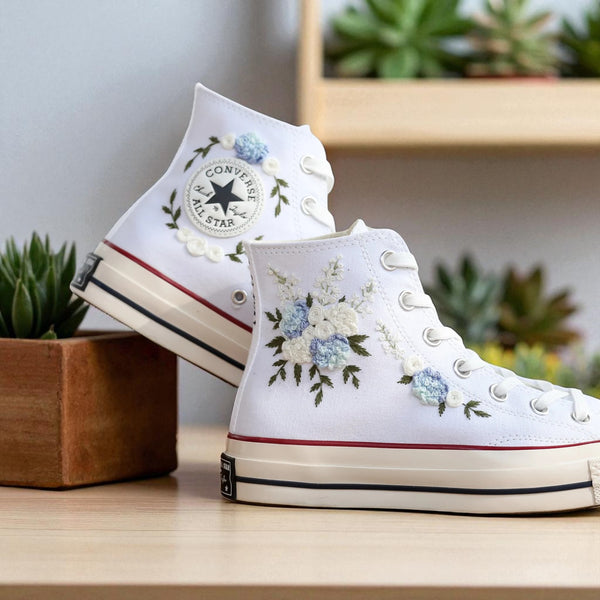 Wedding Flowers Embroidered Shoes Bridal Flowers Embroidered Sneaker white high top canvas with blue and ivory floral embroidery