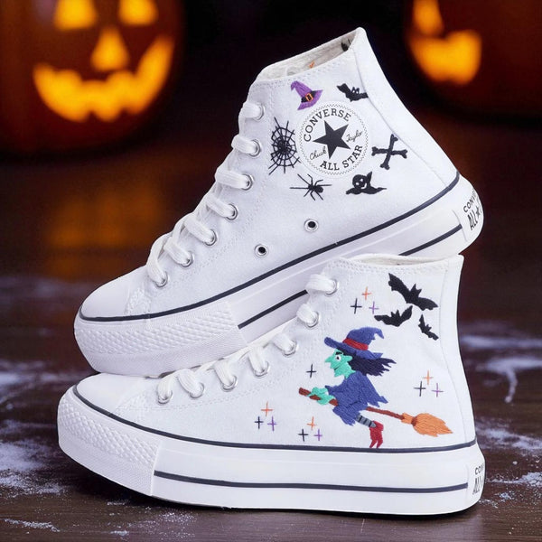 Witch Converse white embroidered high top shoes with flying witch on broom bats and spiderweb Halloween
