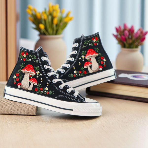 Converse With Mushrooms Embroidered High-Top Sneakers featuring vibrant mushroom designs