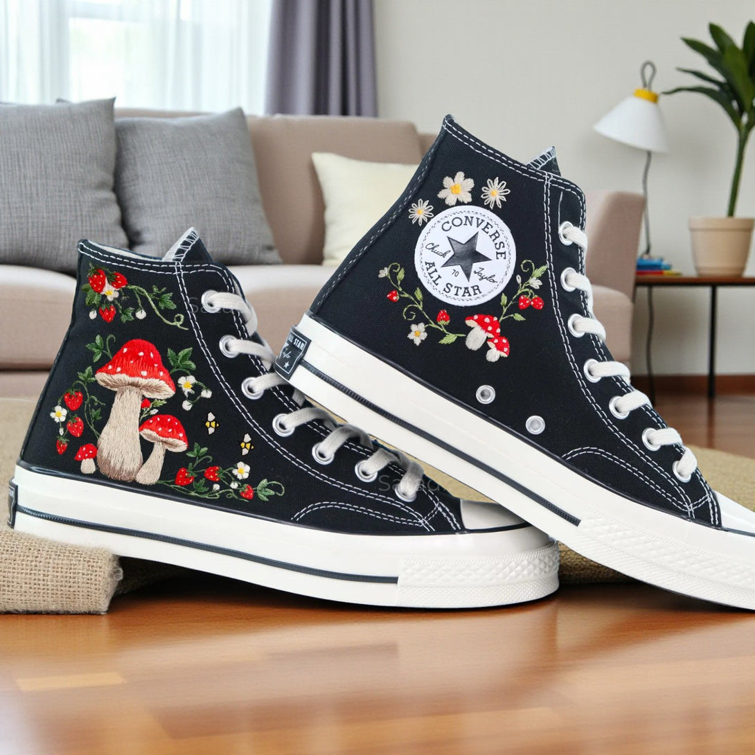 Converse With Mushrooms High-Top Shoes featuring colorful embroidered mushroom and floral designs
