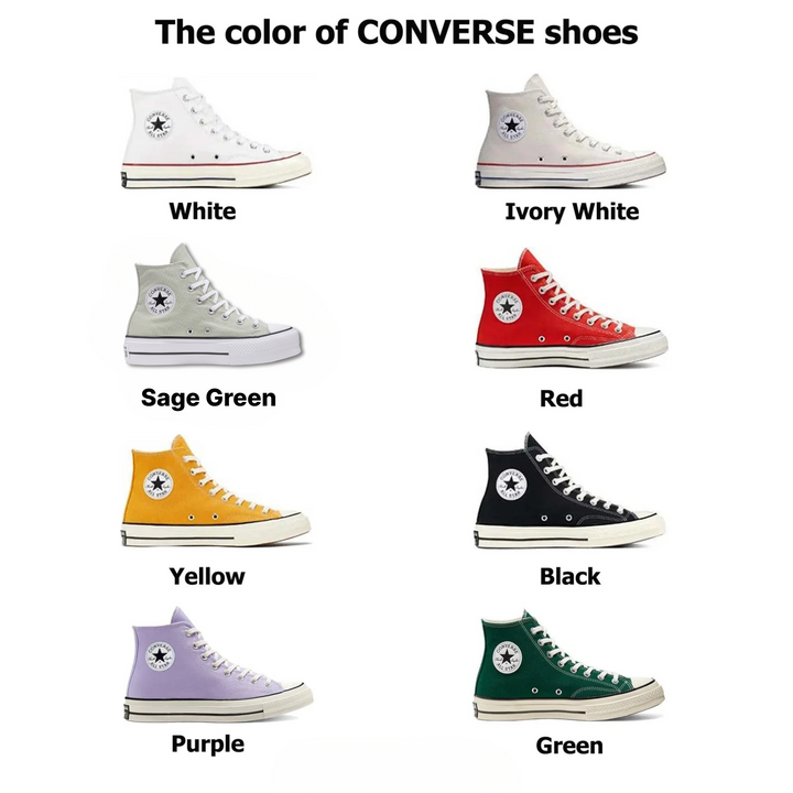 Color options for Converse with roses featuring White, Ivory White, Sage Green, Red, Yellow, Black, Purple, and Green