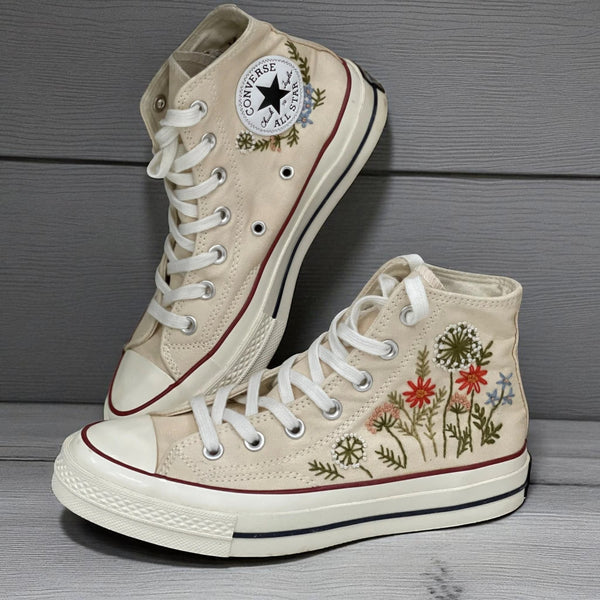 Embroidered Converse Custom Wedding Flowers high top shoes by Stitchery Zone with floral design on cream canvas