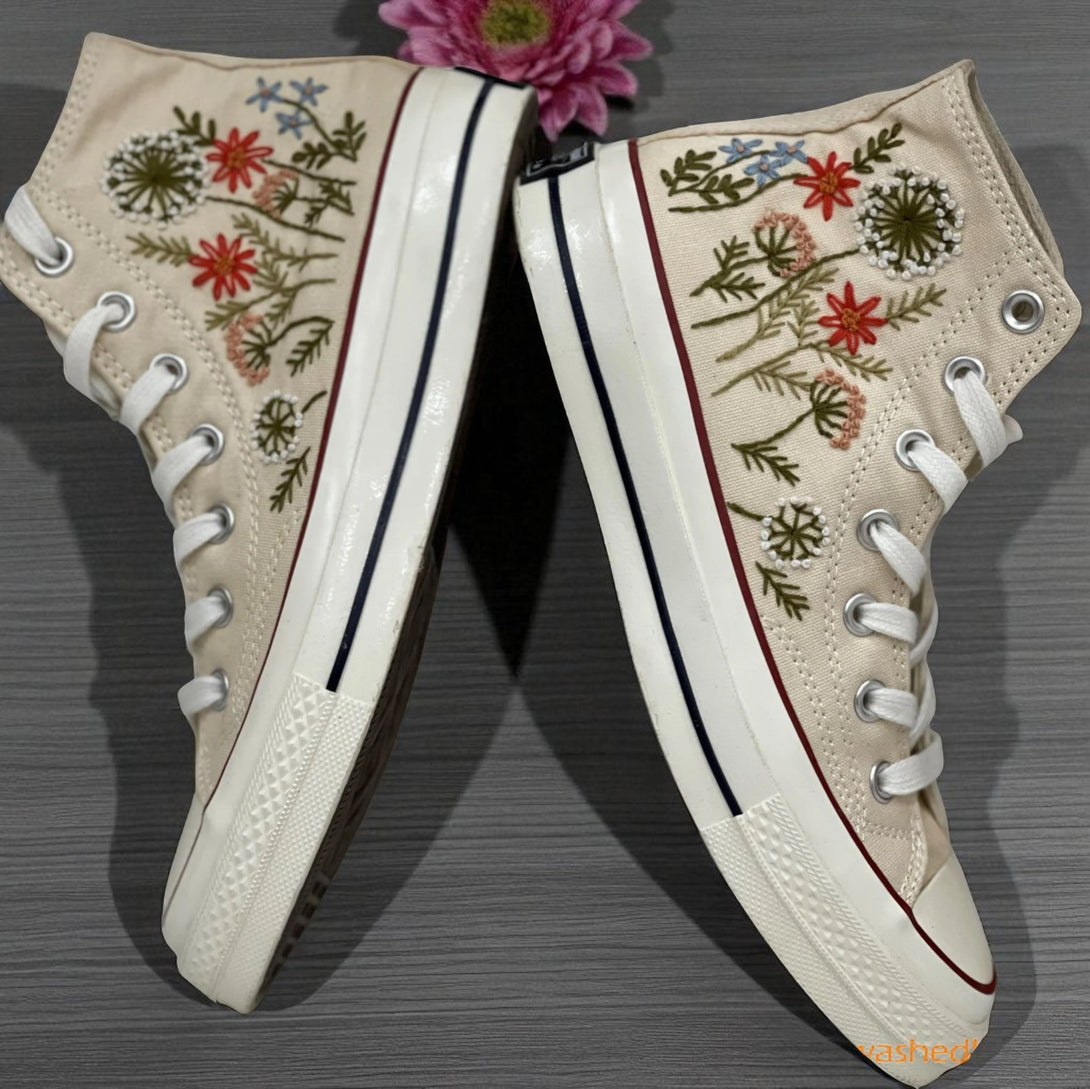 Embroidered Converse Custom Wedding Flowers high top embroidered shoes by Stitchery Zone with floral design