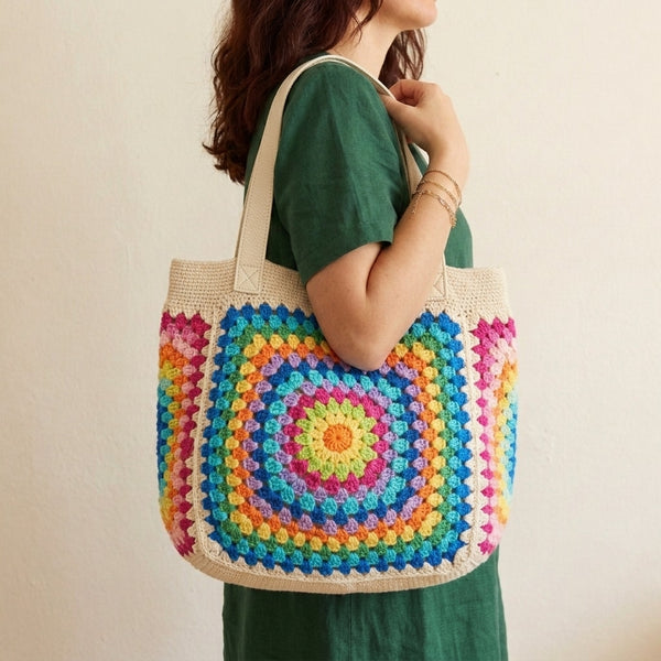 Colorful crochet granny square bag by Stitchery Zone, perfect for daily use and stylish outings