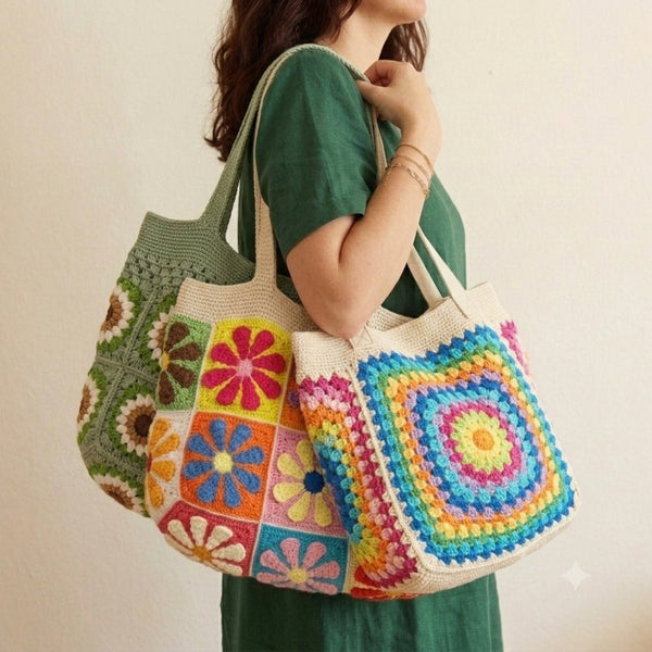 Crochet granny square tote bag in multiple colorful floral designs