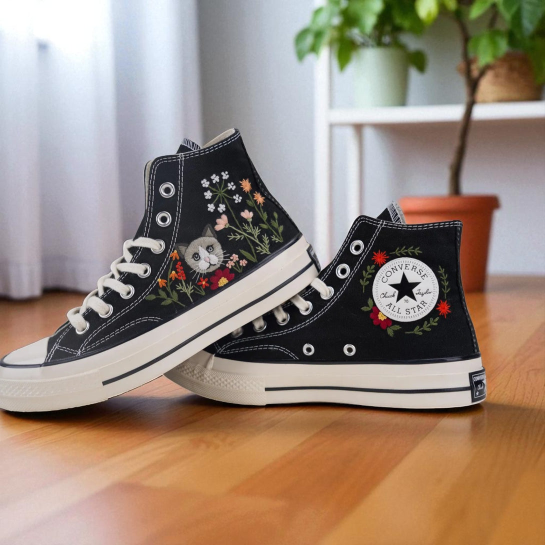 Stitchery Zone embroidered shoes for wedding guests Custom cat Design on black high-top sneakers