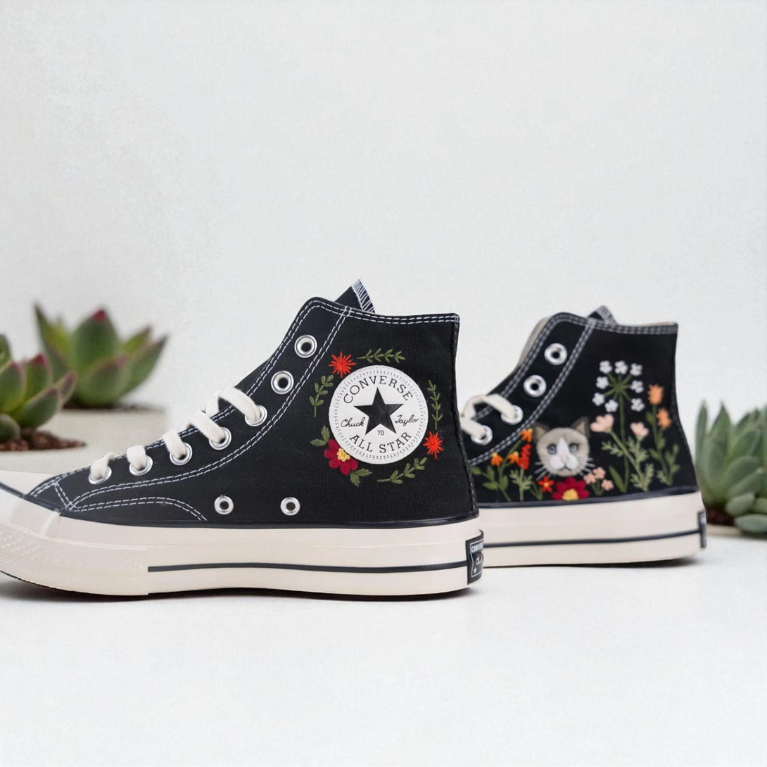 Stitchery Zone embroidered shoes for wedding guests Custom cat Design on black high-top canvas sneakers