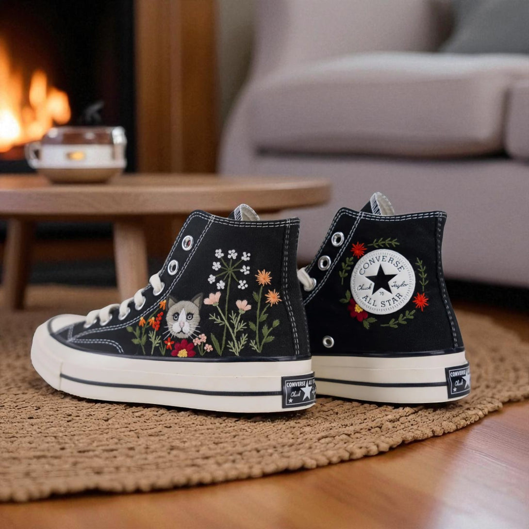 Stitchery Zone embroidered shoes for wedding guests Custom cat Design on black high-top sneakers with floral patterns