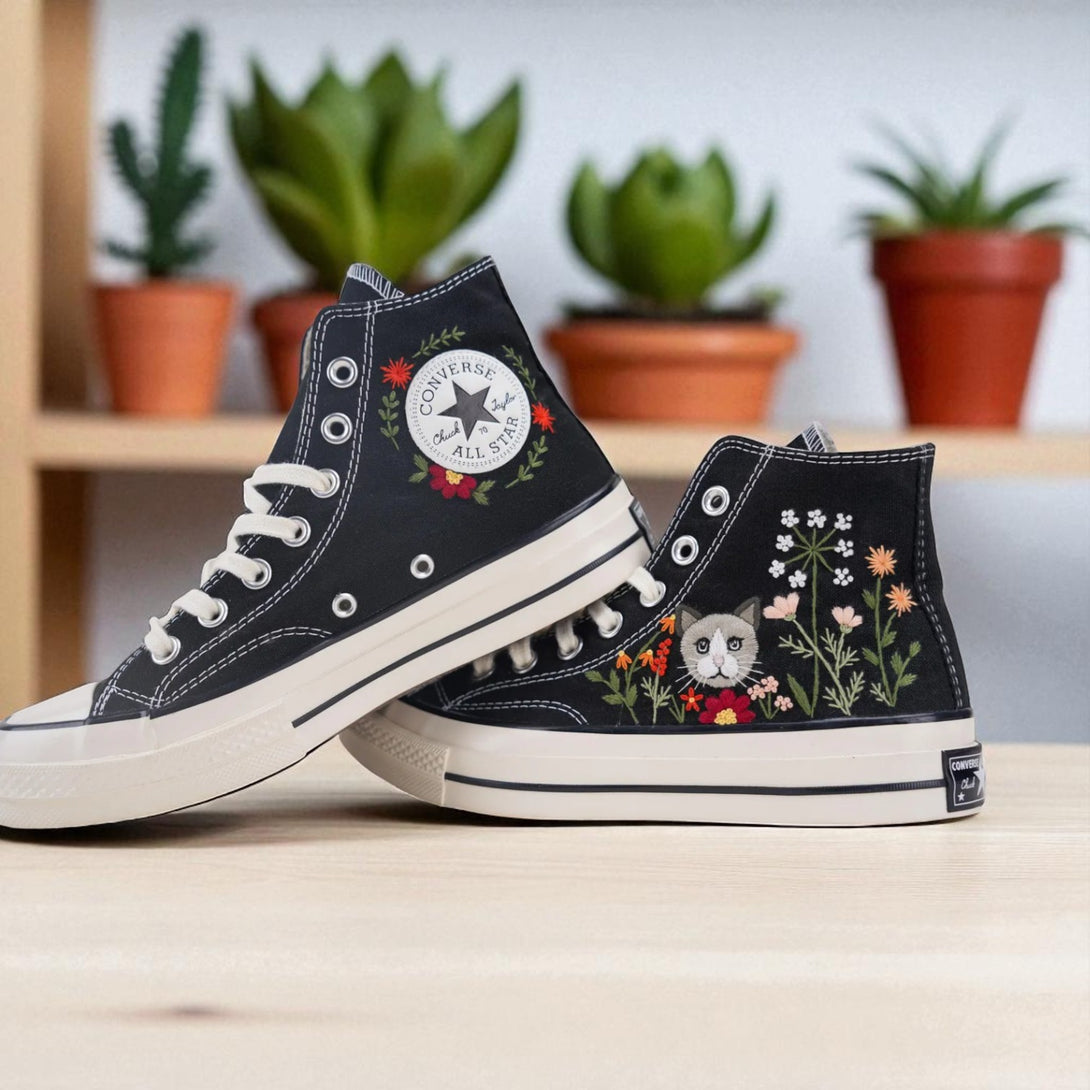Black embroidered Converse shoes for wedding guests Custom cat Design with floral patterns on high tops