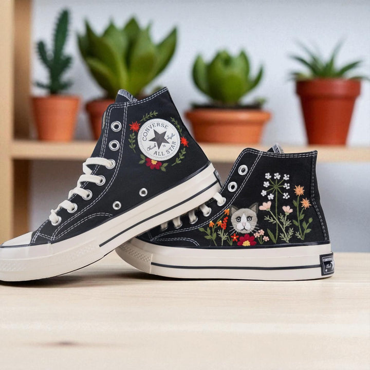 Black embroidered Converse shoes for wedding guests Custom cat Design with floral patterns on high tops