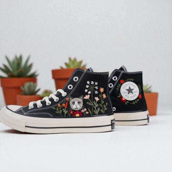 Stitchery Zone embroidered shoes for wedding guests Custom cat Design with floral accents on black high-top canvas