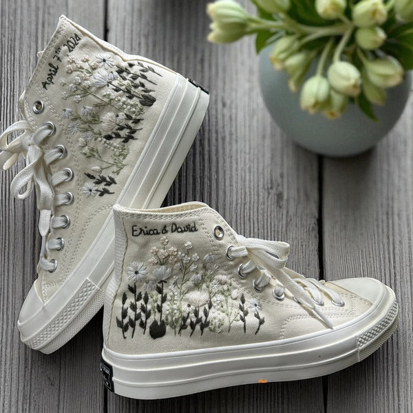 Custom Embroidered Wedding Sneakers black high-top shoes with red and beige mushroom embroidery by Stitchery Zone