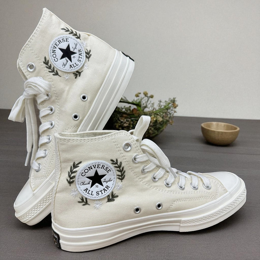 Custom Embroidered Wedding Sneakers by Stitchery Zone featuring green high-top canvas with detailed mushroom embroidery