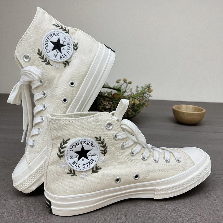 Custom Embroidered Wedding Sneakers by Stitchery Zone featuring green high-top canvas with detailed mushroom embroidery