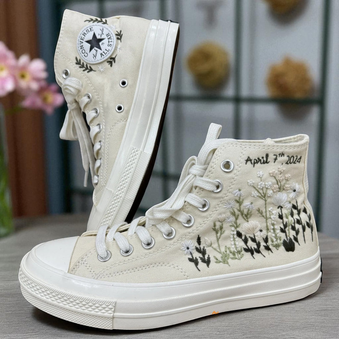 Custom Embroidered Wedding Sneakers by Stitchery Zone featuring yellow high-top shoes with mushroom and floral embroidery
