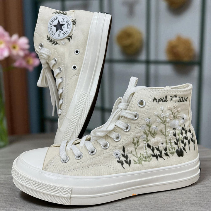 Custom Embroidered Wedding Sneakers by Stitchery Zone featuring yellow high-top shoes with mushroom and floral embroidery