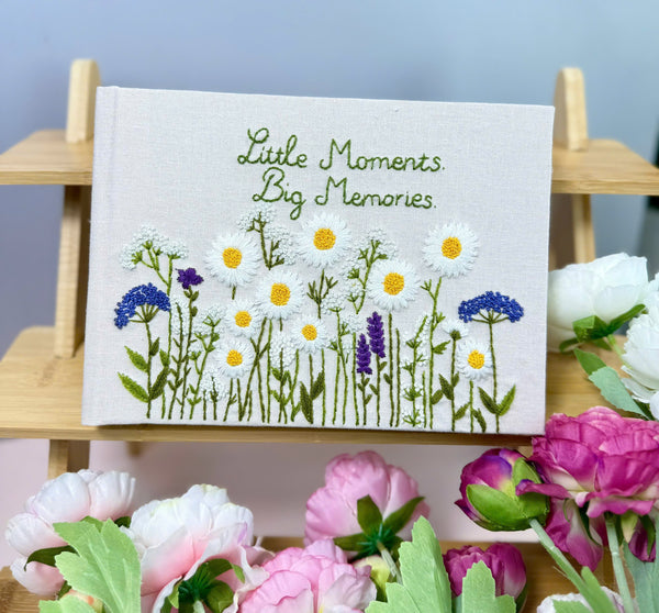 Stitchery Zone notebook with custom fabric cover with floral design and embroidered message Little Moments Big Memories