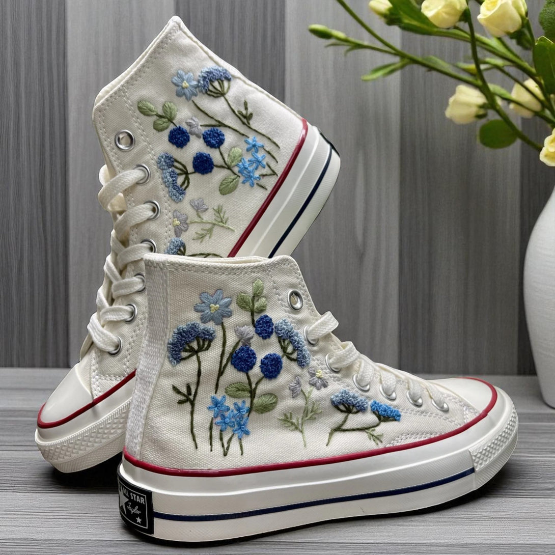 Stitchery Zone custom flower sneaker high tops in black with embroidered red and white mushrooms and green vines