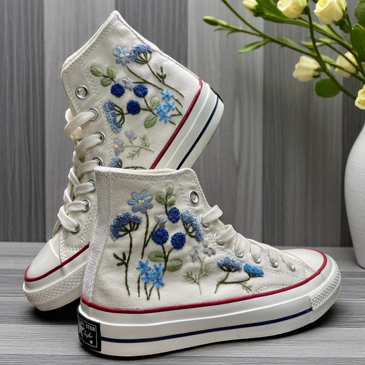 Stitchery Zone custom flower sneaker high tops in black with embroidered red and white mushrooms and green vines