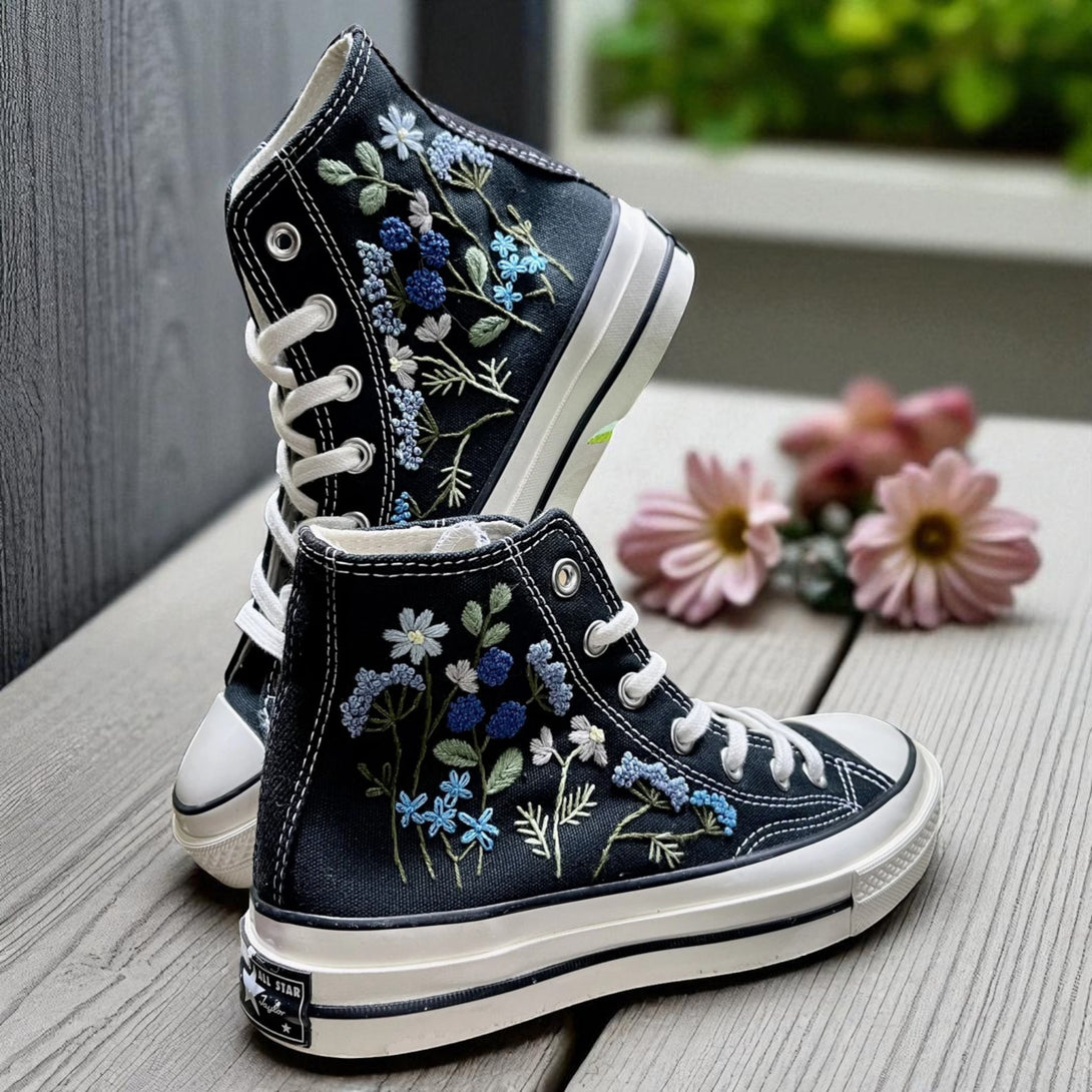 Stitchery Zone custom flower sneaker high tops with embroidered mushrooms on green canvas background