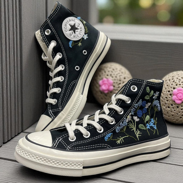Stitchery Zone custom flower sneaker high tops in yellow with embroidered red mushrooms and green leaves