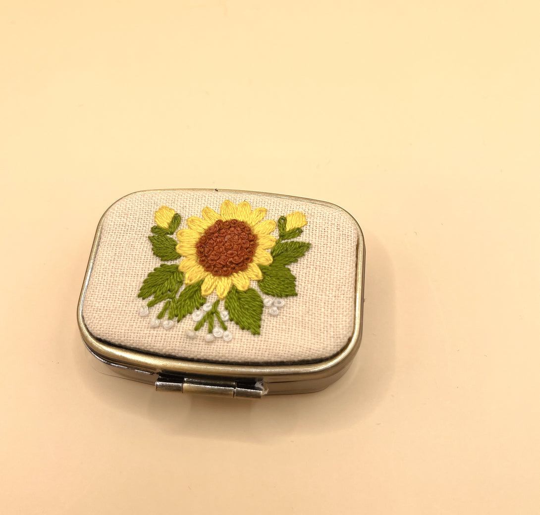 Stitchery Zone custom jewelry box with embroidered sunflower design on fabric top