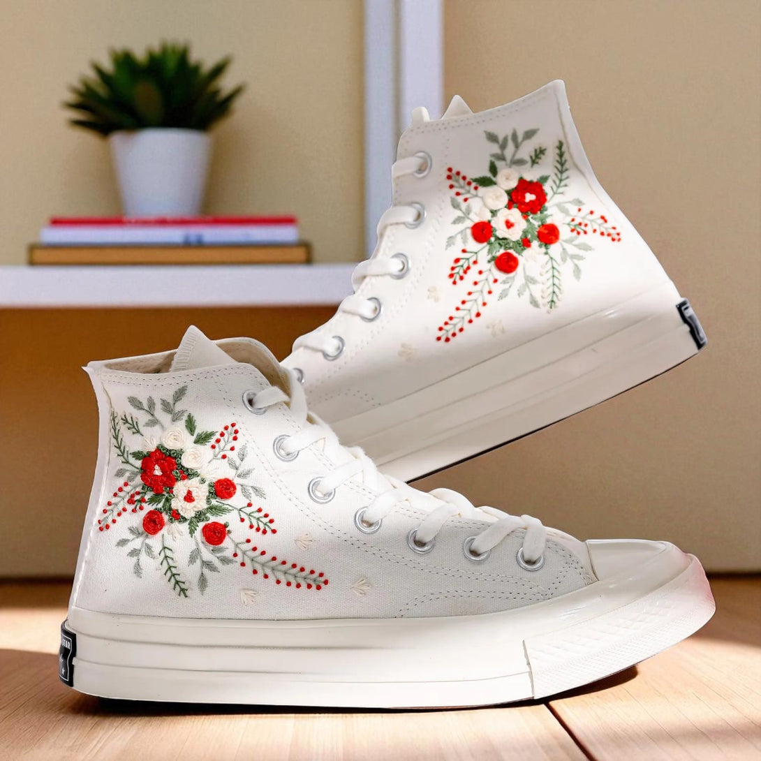 Stitchery Zone embroidered high top dance shoes for wedding Custom Wedding Flowers with red and white floral design