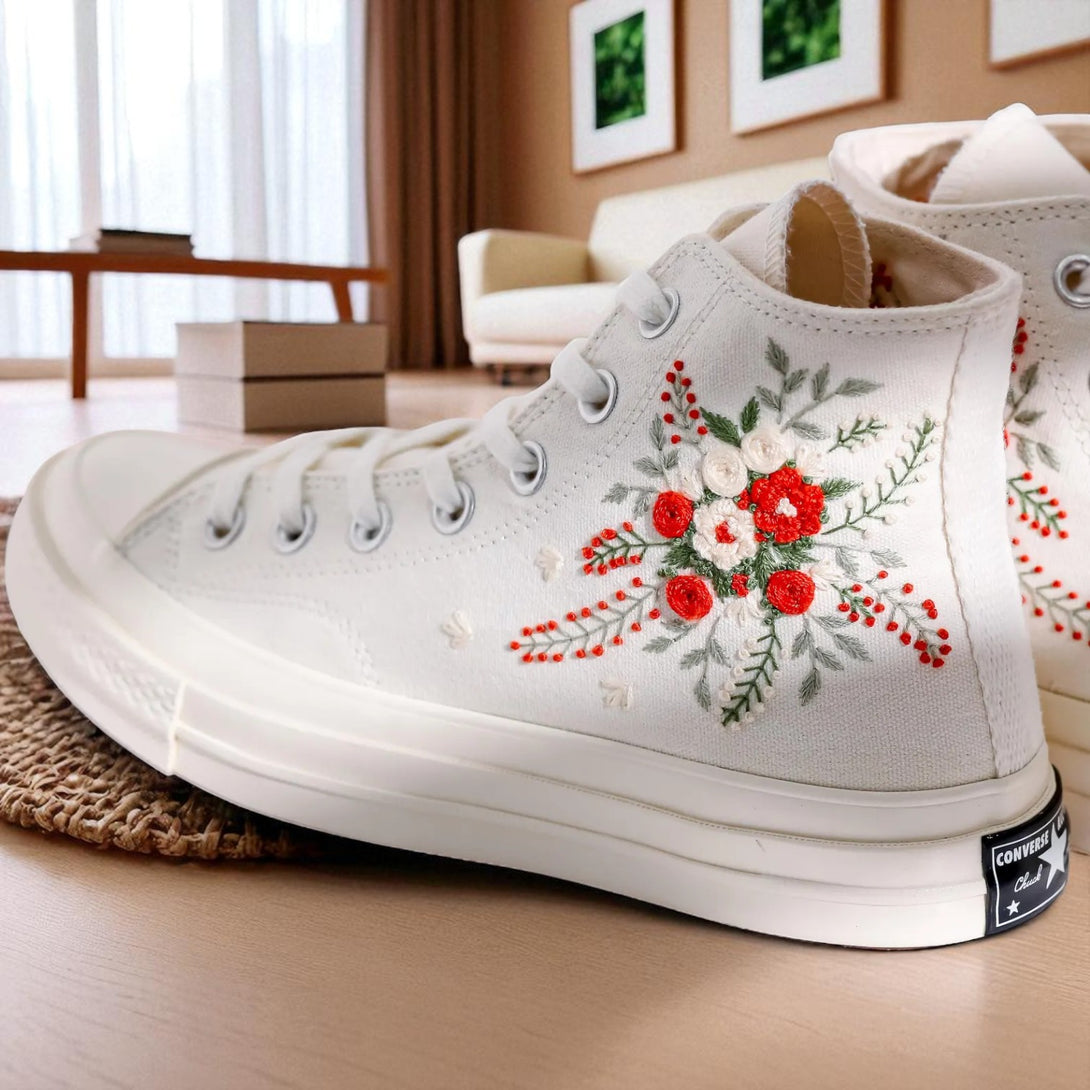 White embroidered shoes by Stitchery Zone featuring Custom Wedding Flowers design ideal as dance shoes for wedding Custom Wedding Flowers