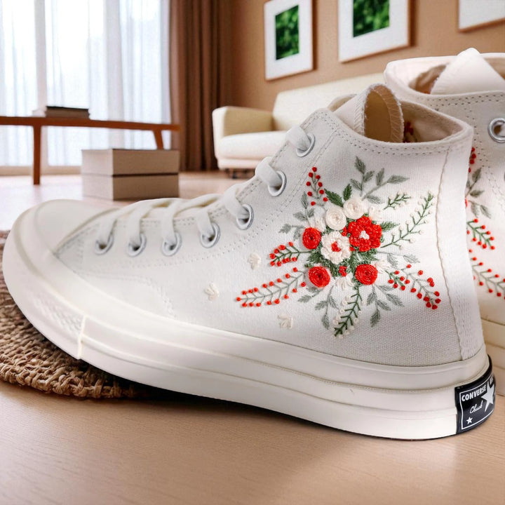 White embroidered shoes by Stitchery Zone featuring Custom Wedding Flowers design ideal as dance shoes for wedding Custom Wedding Flowers