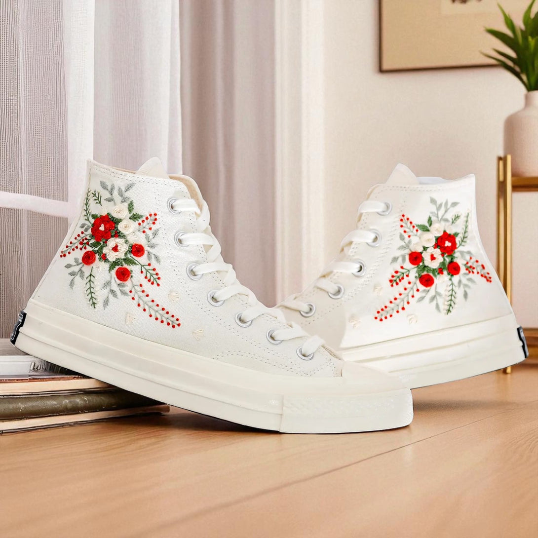 Embroidered shoes by Stitchery Zone featuring red flower designs perfect as dance shoes for wedding Custom Wedding Flowers