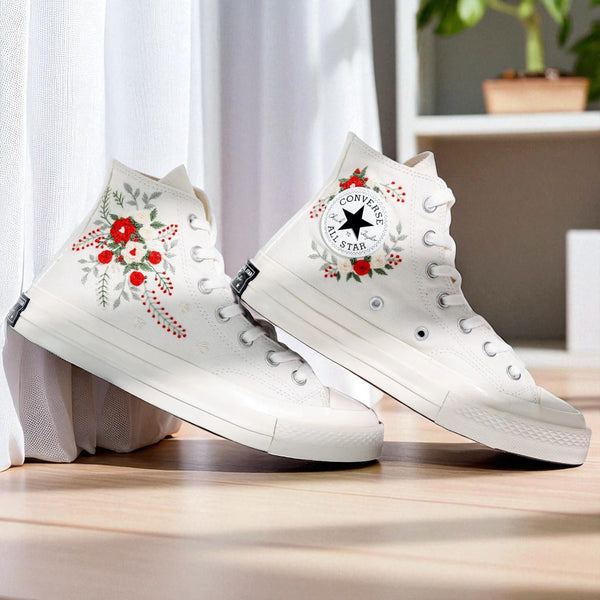 Stitchery Zone embroidered white Converse high-top dance shoes for wedding Custom Wedding Flowers design
