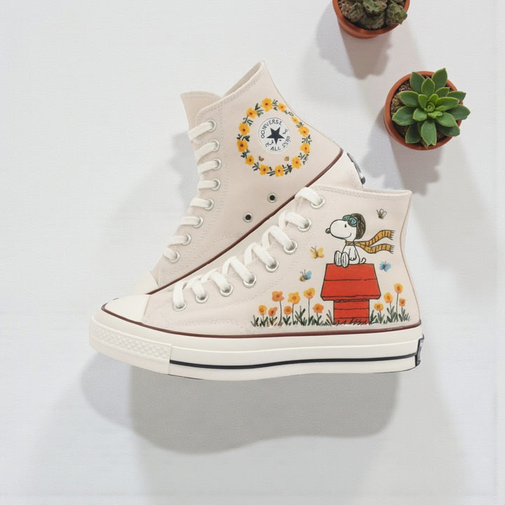 Cute Converse embroidered shoes featuring Snoopy on a doghouse with floral designs